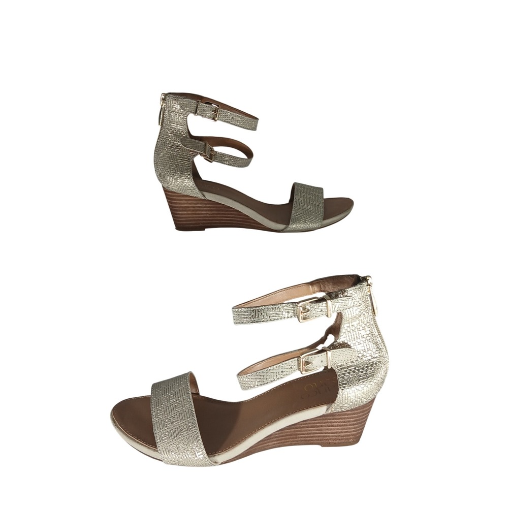 Franco Sarto Dade Wedge Sandals 6.5M Gold Metallic Woven Strappy Ankle Zip Chic